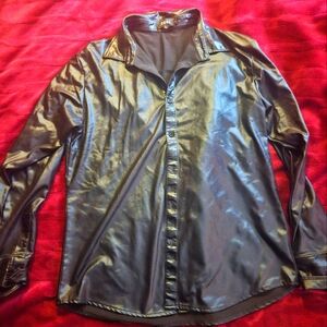 Wetlook Faux Leather Look Button Down Shirt - Size Large